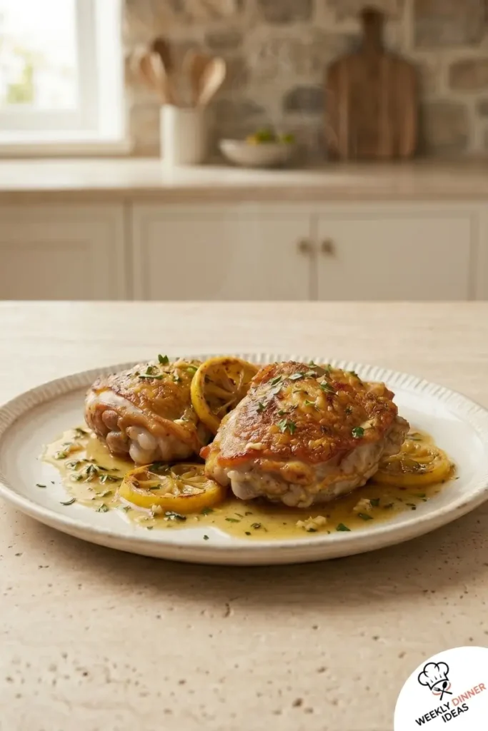Final plated Lemon Garlic Butter Chicken Thighs with crispy skin and lemon garlic butter sauce