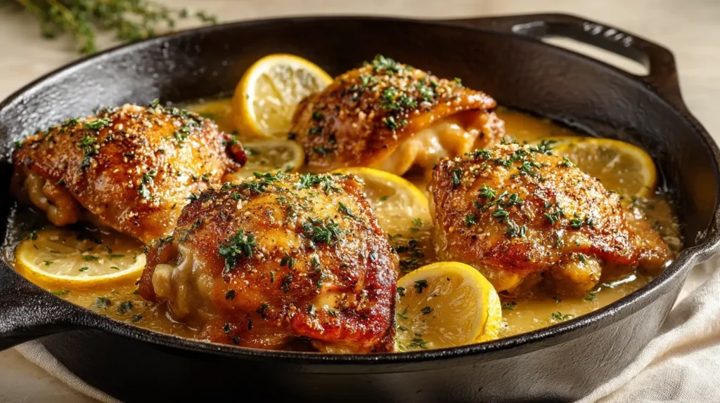 Lemon Garlic Butter Chicken Thighs in a skillet with crispy golden skin and lemon garlic butter sauce