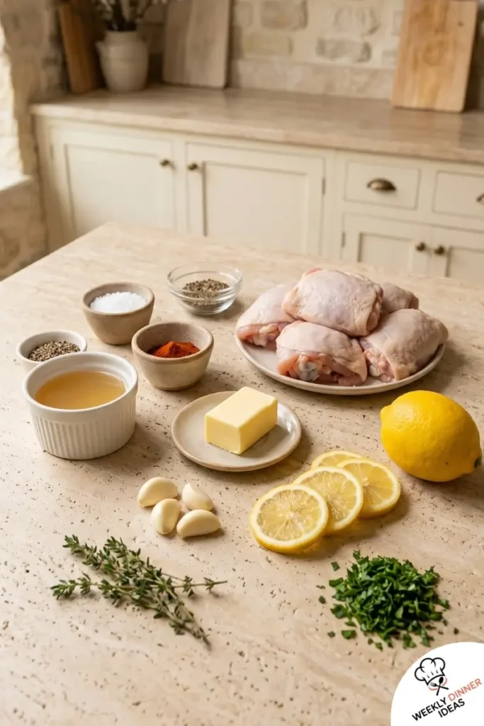 Ingredients for Lemon Garlic Butter Chicken Thighs including chicken thighs, butter, garlic, lemon, thyme, parsley, olive oil, paprika, salt, pepper, and broth