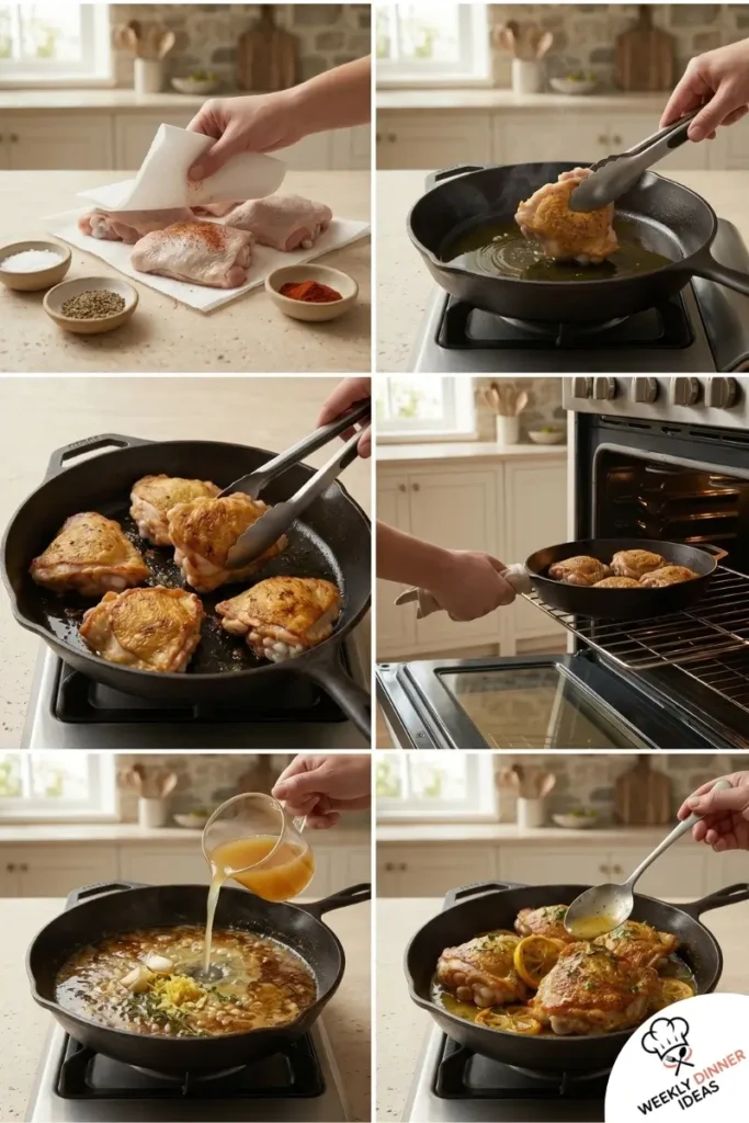 Step-by-step collage showing how to make Lemon Garlic Butter Chicken Thighs from seasoning to searing, roasting, sauce, and finishing