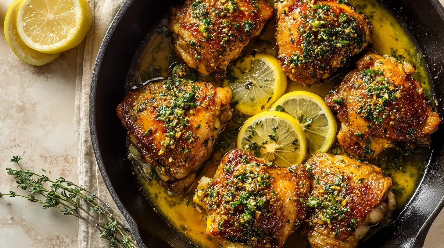 Square recipe image for Lemon Garlic Butter Chicken Thighs with crispy chicken and lemon garlic butter sauce