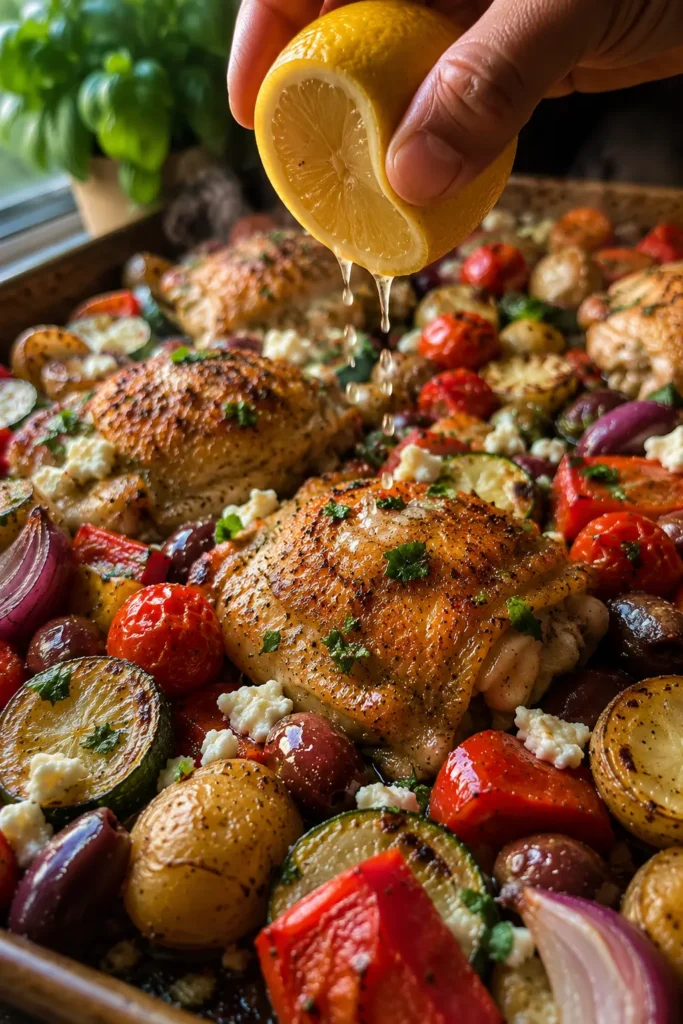 mediterranean-chicken-sheet-pan-dinner-final Close-up of Mediterranean Chicken Sheet Pan Dinner with crispy chicken, roasted vegetables, feta, olives, and lemon.