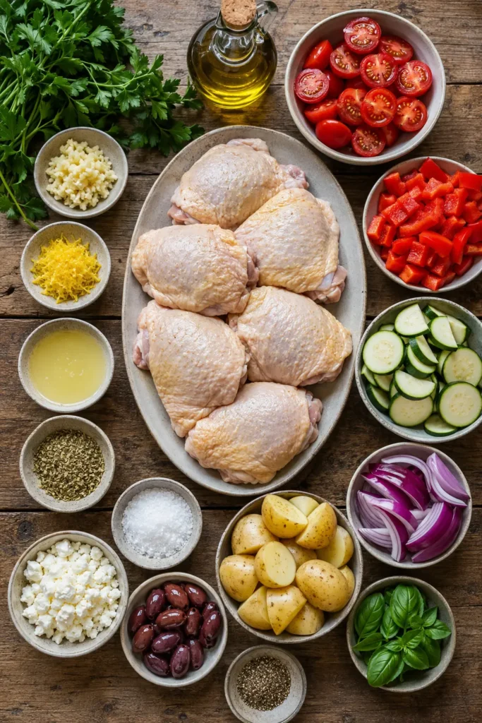 mediterranean-chicken-sheet-pan-dinner-ingredients Ingredients for Mediterranean Chicken Sheet Pan Dinner arranged on a rustic wooden kitchen table.