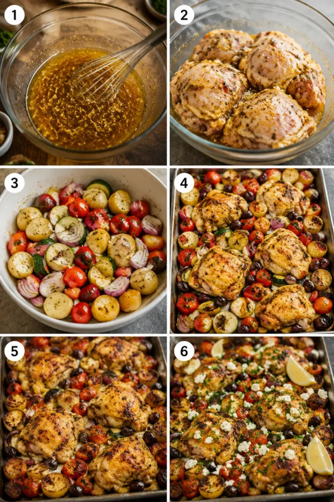 mediterranean-chicken-sheet-pan-dinner-steps Six-step collage showing how to prepare Mediterranean Chicken Sheet Pan Dinner.