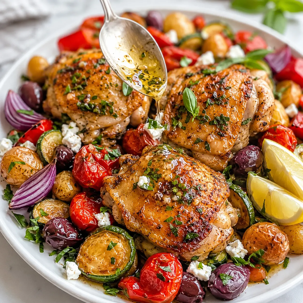 Easy Mediterranean Chicken Sheet Pan Dinner Ready in 30 Minutes! 1 Mediterranean Chicken Sheet Pan Dinner arranged neatly for recipe card with chicken thighs, roasted vegetables, olives, feta, lemon, and herbs.