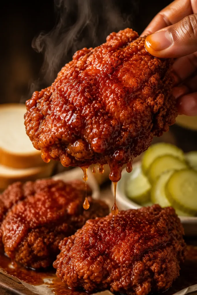 nashville-hot-chicken-thighs-final Close-up of Nashville Hot Chicken Thighs with spicy glaze dripping from crispy crust.
