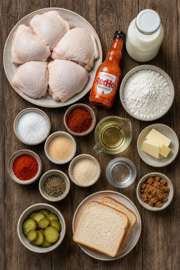 nashville-hot-chicken-thighs-ingredients Ingredients for Nashville Hot Chicken Thighs arranged on a kitchen table.