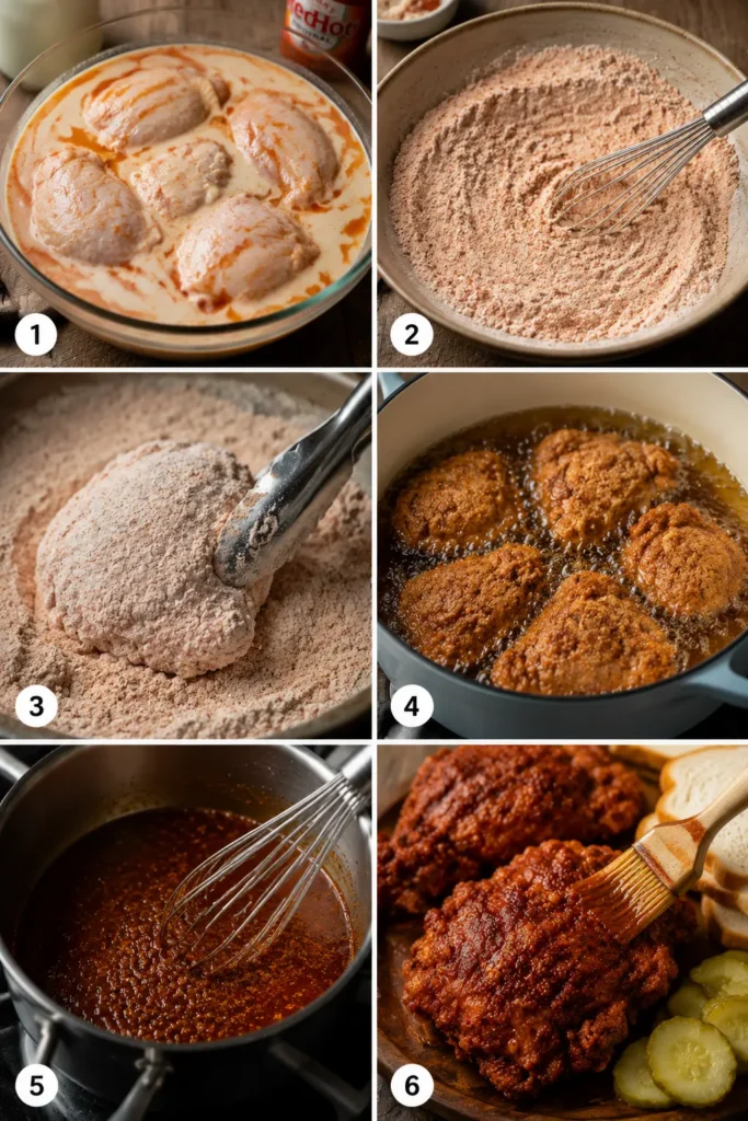 nashville-hot-chicken-thighs-steps Six-step collage showing how to make Nashville Hot Chicken Thighs.