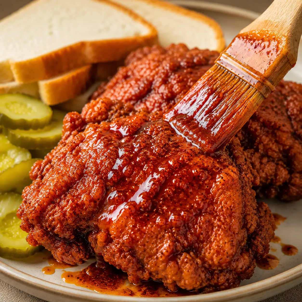Discover the Ultimate Nashville Hot Chicken Thighs Recipe! 1 Nashville Hot Chicken Thighs plated with pickles and white bread for recipe card display.