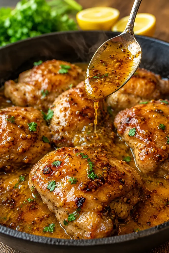 one-pan-honey-mustard-chicken-thighs-final Close-up of One-Pan Honey Mustard Chicken Thighs with glossy sauce being spooned over the chicken.