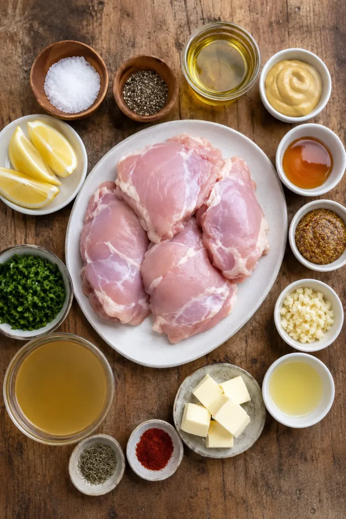 one-pan-honey-mustard-chicken-thighs-ingredients Ingredients for One-Pan Honey Mustard Chicken Thighs arranged on a rustic wooden kitchen table.