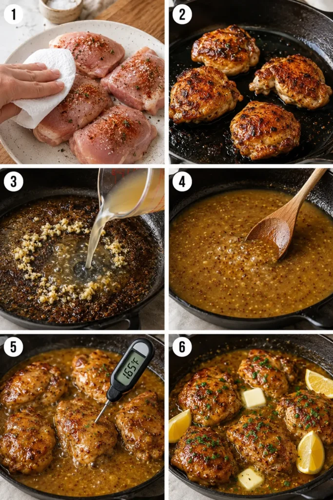 one-pan-honey-mustard-chicken-thighs-steps Six-step collage showing how to prepare One-Pan Honey Mustard Chicken Thighs.