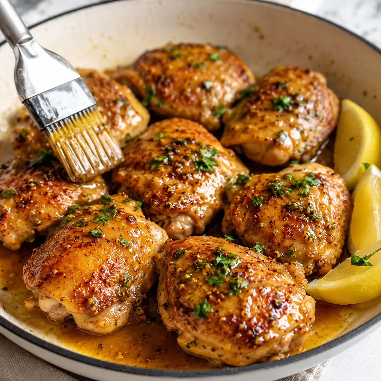 Quick and Easy One-Pan Honey Mustard Chicken Thighs in 30 Minutes! 1 One-Pan Honey Mustard Chicken Thighs arranged neatly in a skillet for recipe card with herbs and lemon wedges.