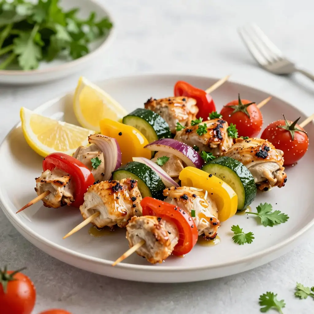 Close-up of roasted Sheet Pan Chicken Kebabs being lifted from a platter with caramelized vegetables.