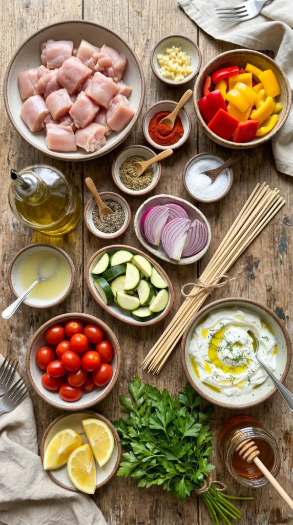 Ingredients for Sheet Pan Chicken Kebabs arranged on a rustic wooden table.
