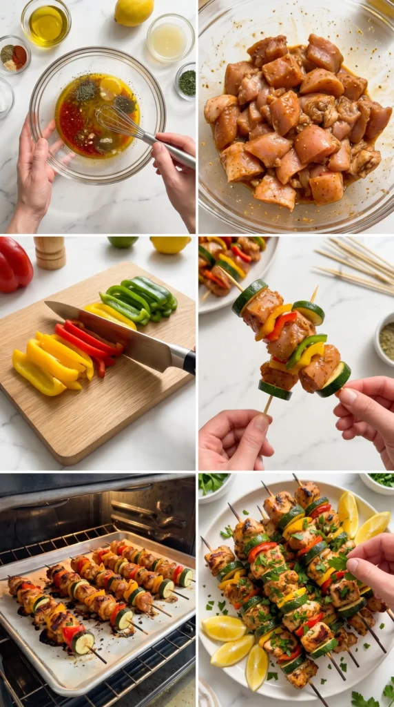 Six-step collage showing how to prepare Sheet Pan Chicken Kebabs.