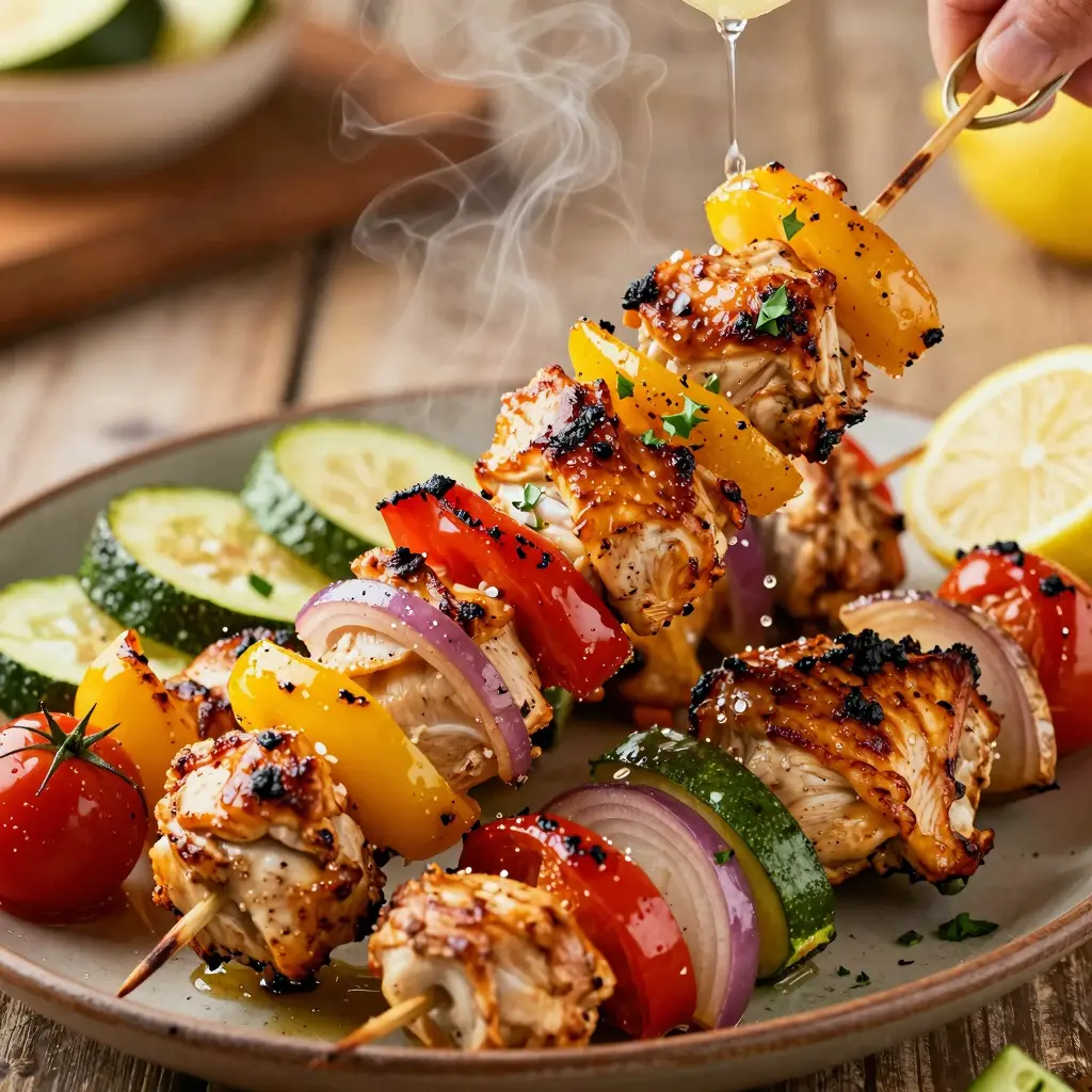 Sheet Pan Chicken Kebabs arranged neatly for recipe card display with lemon wedges and fresh herbs.
