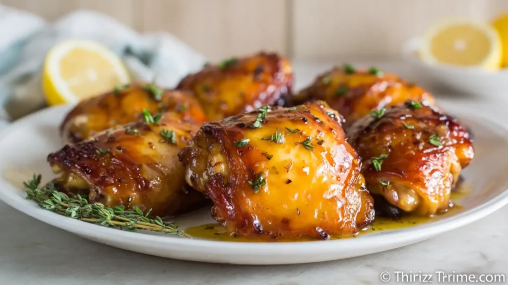 Honey Mustard Chicken Thighs with crispy golden skin and glossy sticky glaze