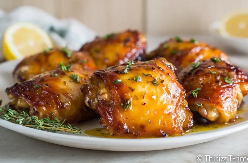 Honey Mustard Chicken Thighs with crispy golden skin and glossy sticky glaze