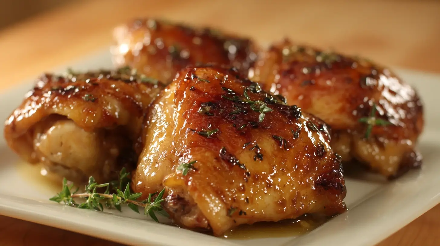 Square recipe image for Honey Mustard Chicken Thighs with glossy mustard glaze