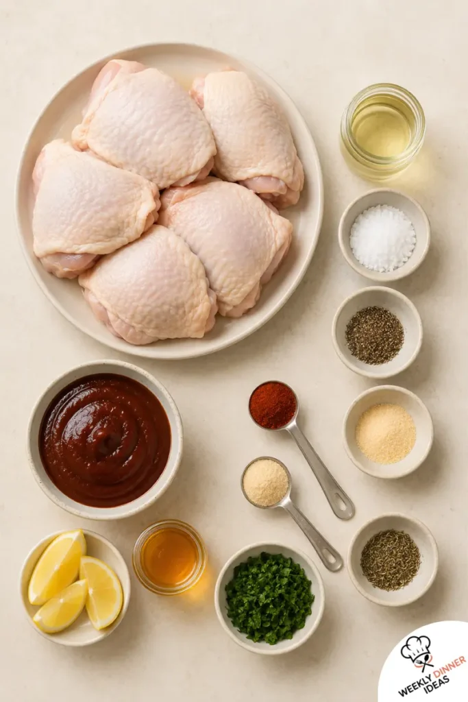 Air Fryer BBQ Chicken Thighs Ingredients Ingredients for air fryer BBQ chicken thighs including chicken thighs, oil, salt, pepper, garlic powder, smoked paprika, BBQ sauce, honey, parsley, and lemon.