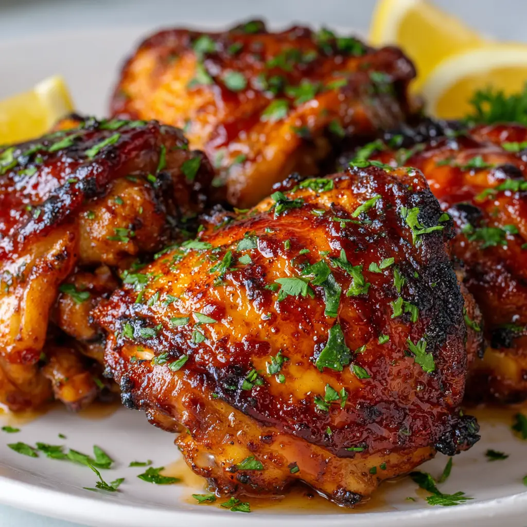 Whip Up Irresistible Air Fryer BBQ Chicken Thighs in Just 30 Minutes! 1 Square recipe image of air fryer BBQ chicken thighs with crispy skin, glossy sauce, parsley, and lemon.