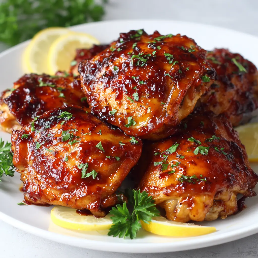 Air fryer BBQ chicken thighs with crispy golden skin, glossy barbecue glaze, parsley, and lemon wedges.