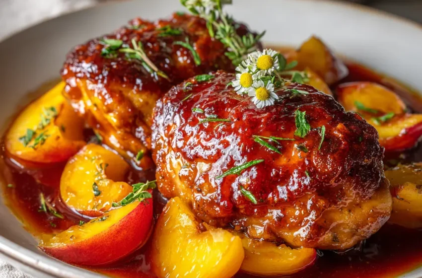 BBQ peach crockpot chicken thighs coated in glossy peach barbecue sauce with fresh peach slices and herbs.