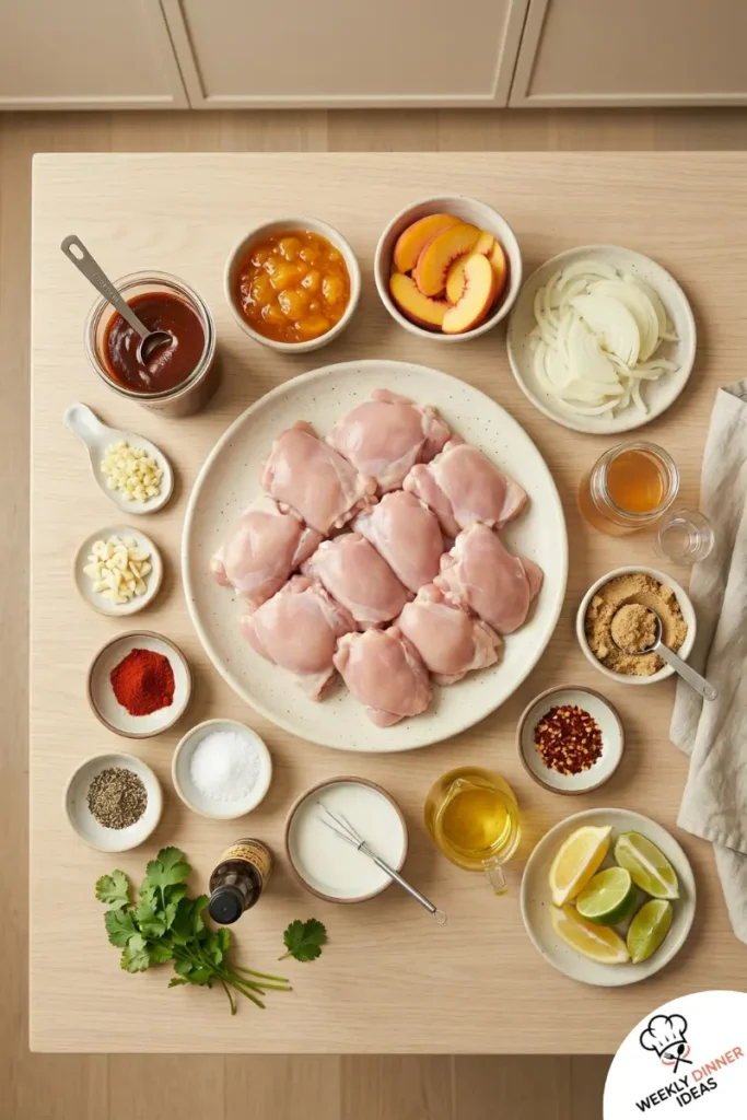 BBQ Peach Crockpot Chicken Thighs Ingredients Ingredients for BBQ peach crockpot chicken thighs including chicken, barbecue sauce, peaches, onion, garlic, vinegar, spices, and herbs.