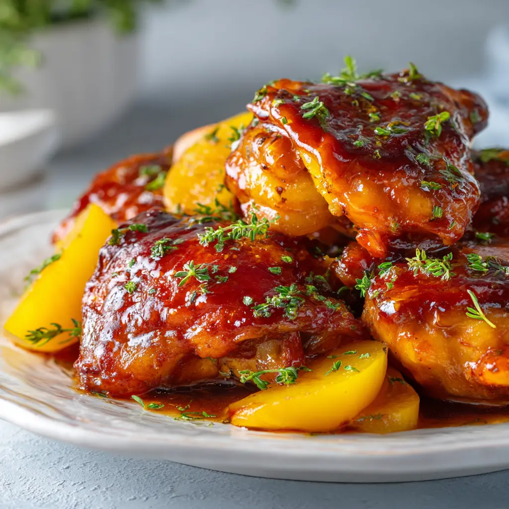 Discover the Irresistible BBQ Peach Crockpot Chicken Thighs Recipe! 1 Square recipe card image of BBQ peach crockpot chicken thighs in glossy peach barbecue sauce with herbs.