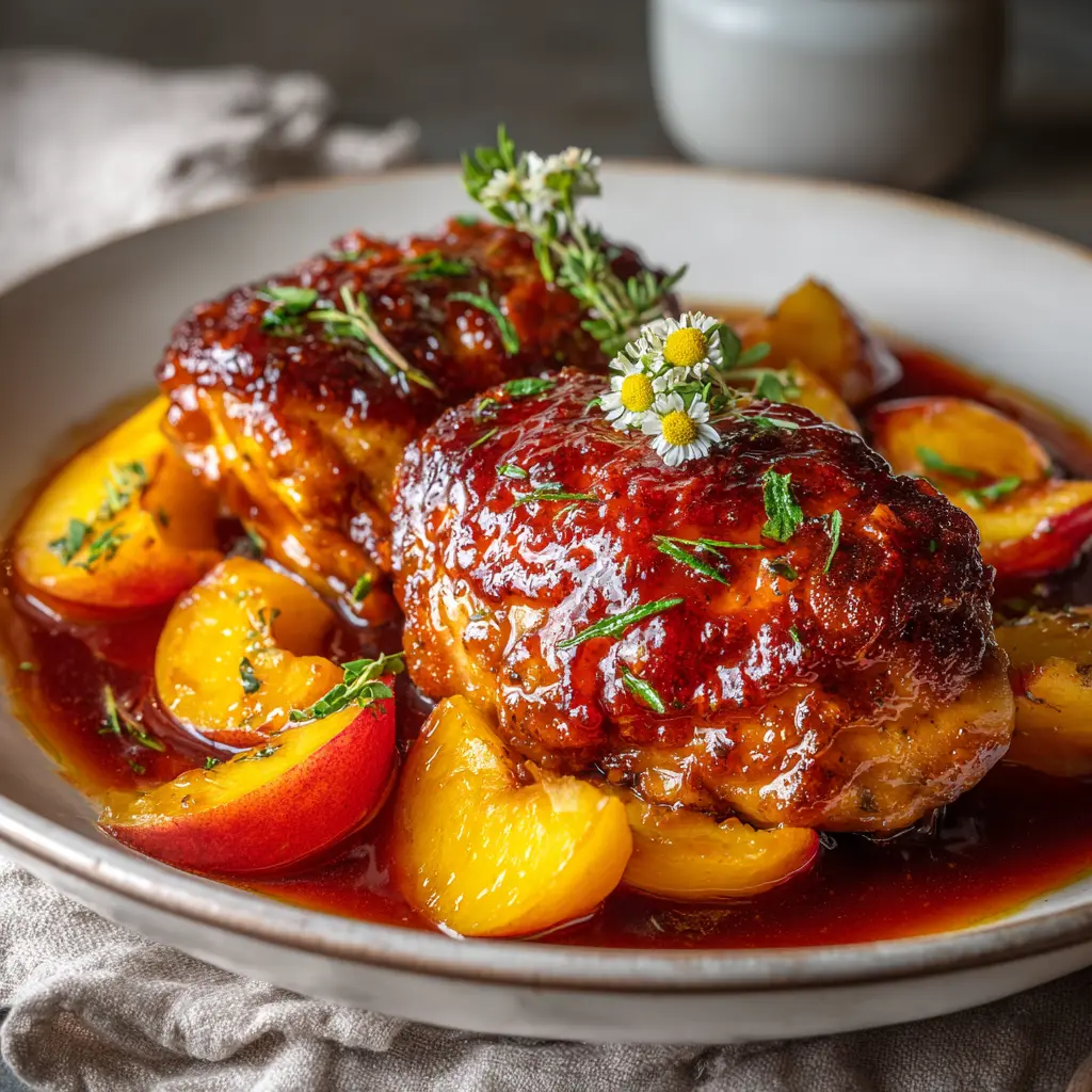 BBQ peach crockpot chicken thighs coated in glossy peach barbecue sauce with fresh peach slices and herbs.