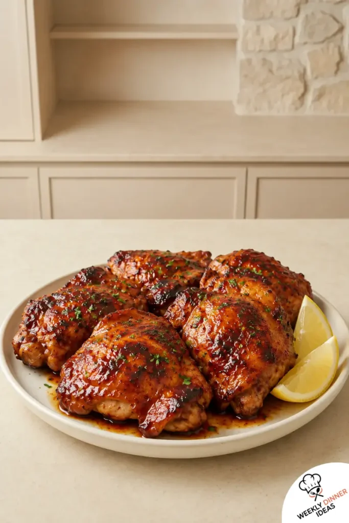 Finished Air Fryer BBQ Chicken Thighs Finished air fryer BBQ chicken thighs with crispy skin, sticky barbecue glaze, chopped parsley, and lemon wedges.