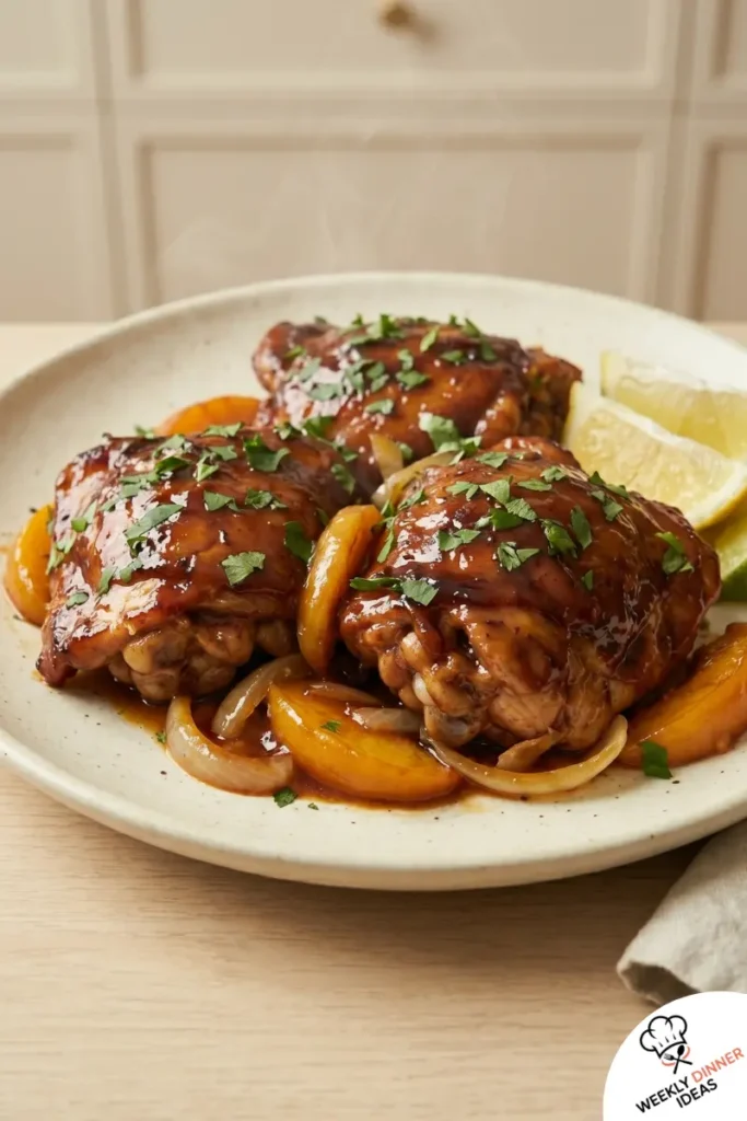 Finished BBQ Peach Crockpot Chicken Thighs Finished BBQ peach crockpot chicken thighs with glossy sauce, peach slices, softened onion, fresh herbs, and citrus wedges.