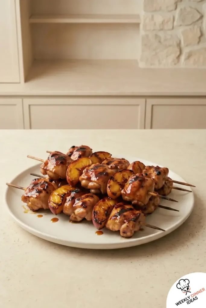 Finished Peach BBQ Chicken Kabobs Finished peach BBQ chicken kabobs with grilled chicken thighs, caramelized peach wedges, charred edges, and sticky BBQ glaze.