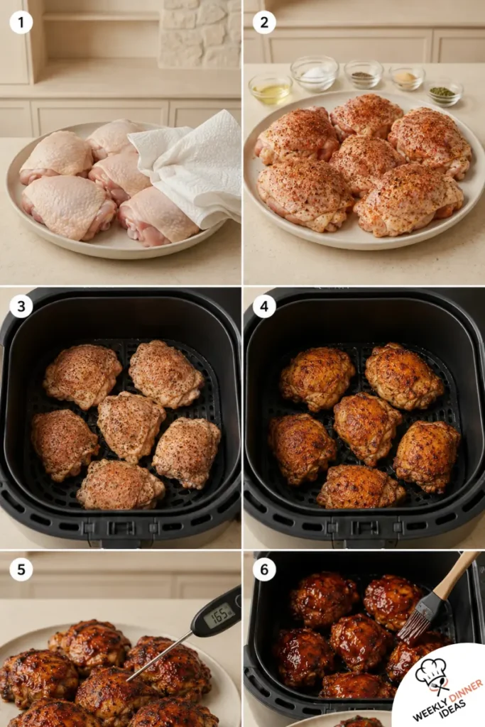 How to Make Air Fryer BBQ Chicken Thighs Six-step photo collage showing how to dry, season, air fry, flip, check, and glaze air fryer BBQ chicken thighs.