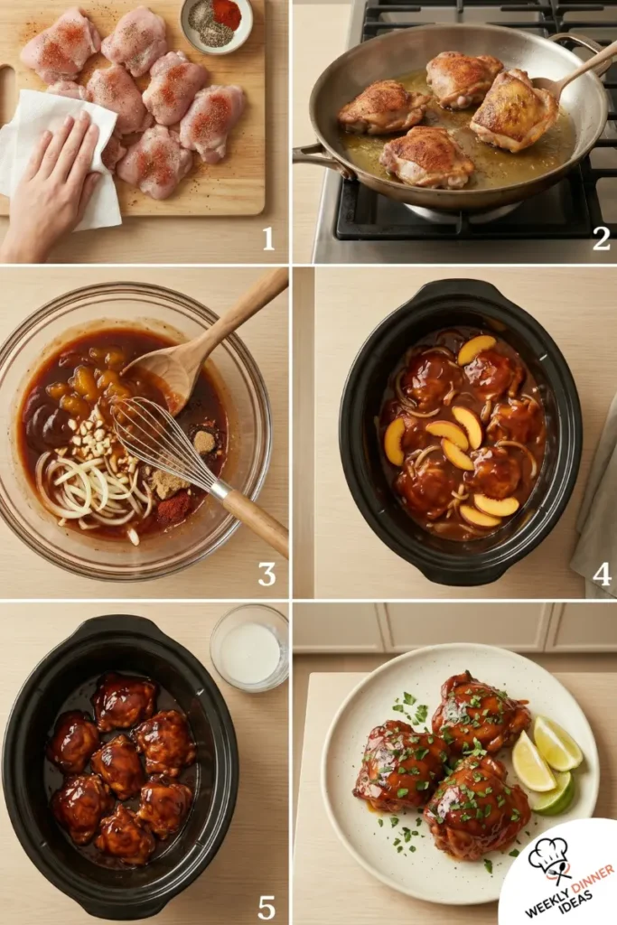 How to Make BBQ Peach Crockpot Chicken Thighs Six-step photo collage showing how to season, sear, sauce, slow cook, thicken, and serve BBQ peach crockpot chicken thighs.