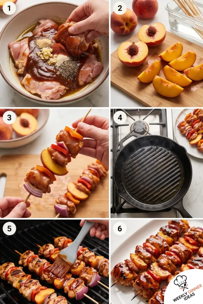 How to Make Peach BBQ Chicken Kabobs Six-step photo collage showing how to marinate, prep peaches, thread skewers, heat grill, baste, and finish peach BBQ chicken kabobs.