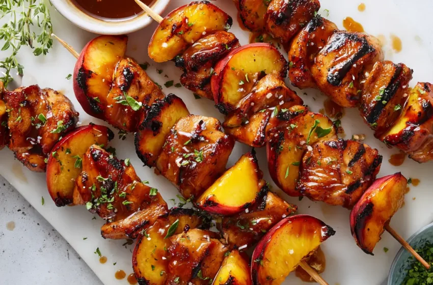 Peach BBQ chicken kabobs with grilled chicken thighs, caramelized peach wedges, and glossy barbecue glaze.