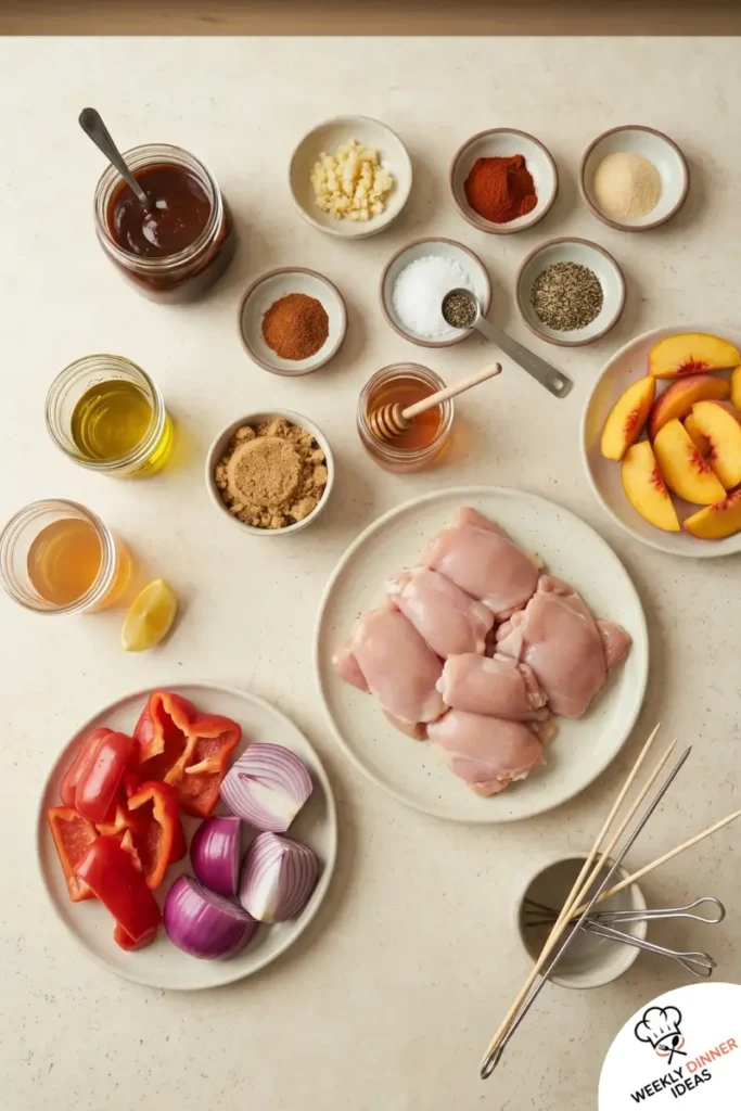 Peach BBQ Chicken Kabobs Ingredients Ingredients for peach BBQ chicken kabobs including chicken thighs, peaches, BBQ sauce, olive oil, vinegar, garlic, spices, skewers, bell pepper, and red onion.