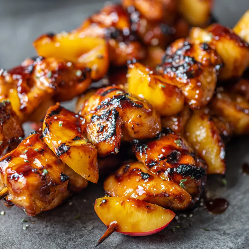 Satisfy Your Cravings with the Ultimate Peach BBQ Chicken Kabobs! 1 Square recipe image of peach BBQ chicken kabobs with grilled chicken, caramelized peaches, and glossy barbecue glaze.