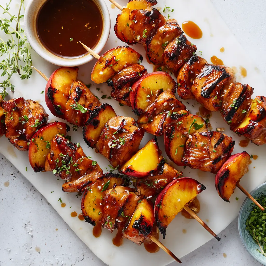 Peach BBQ chicken kabobs with grilled chicken thighs, caramelized peach wedges, and glossy barbecue glaze.