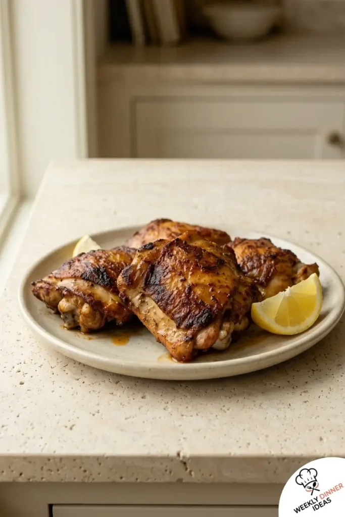 Final plated Air Fryer Boneless Skinless Chicken Thighs with browned edges and juicy interior