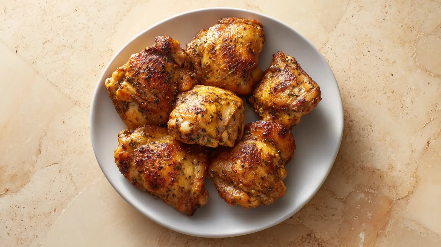 Square recipe image for Air Fryer Boneless Skinless Chicken Thighs with browned edges and savory crust