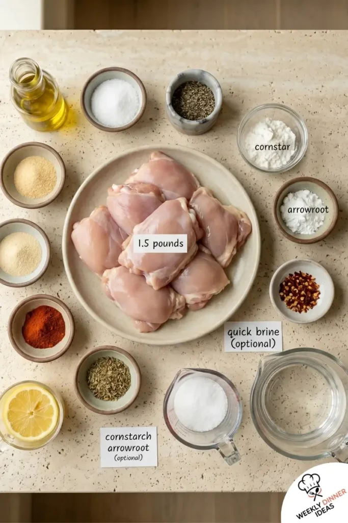 Ingredients for Air Fryer Boneless Skinless Chicken Thighs including chicken thighs, oil, paprika, garlic powder, onion powder, oregano, lemon, and optional cornstarch