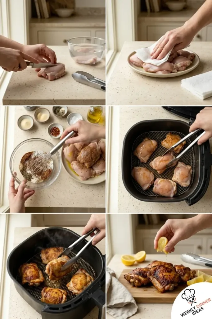Step-by-step collage showing how to make Air Fryer Boneless Skinless Chicken Thighs from brining and seasoning to air frying and serving