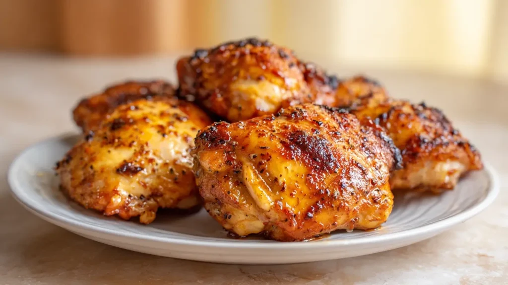 Air Fryer Boneless Skinless Chicken Thighs with browned edges and savory seasoning crust