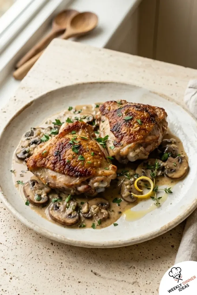 Final plated Garlic Mushroom Chicken Thighs with crispy skin and mushroom garlic sauce