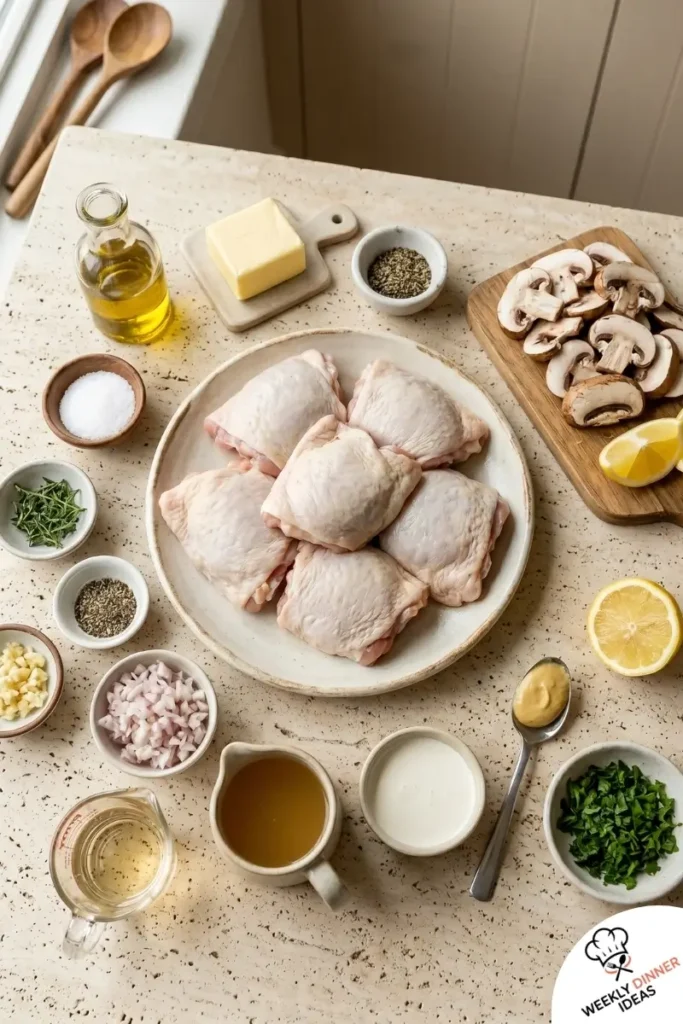Ingredients for Garlic Mushroom Chicken Thighs including chicken thighs, mushrooms, garlic, shallot, broth, cream, thyme, Dijon, and parsley