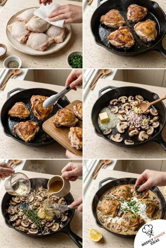 Step-by-step collage showing how to make Garlic Mushroom Chicken Thighs from searing to mushroom sauce and finishing