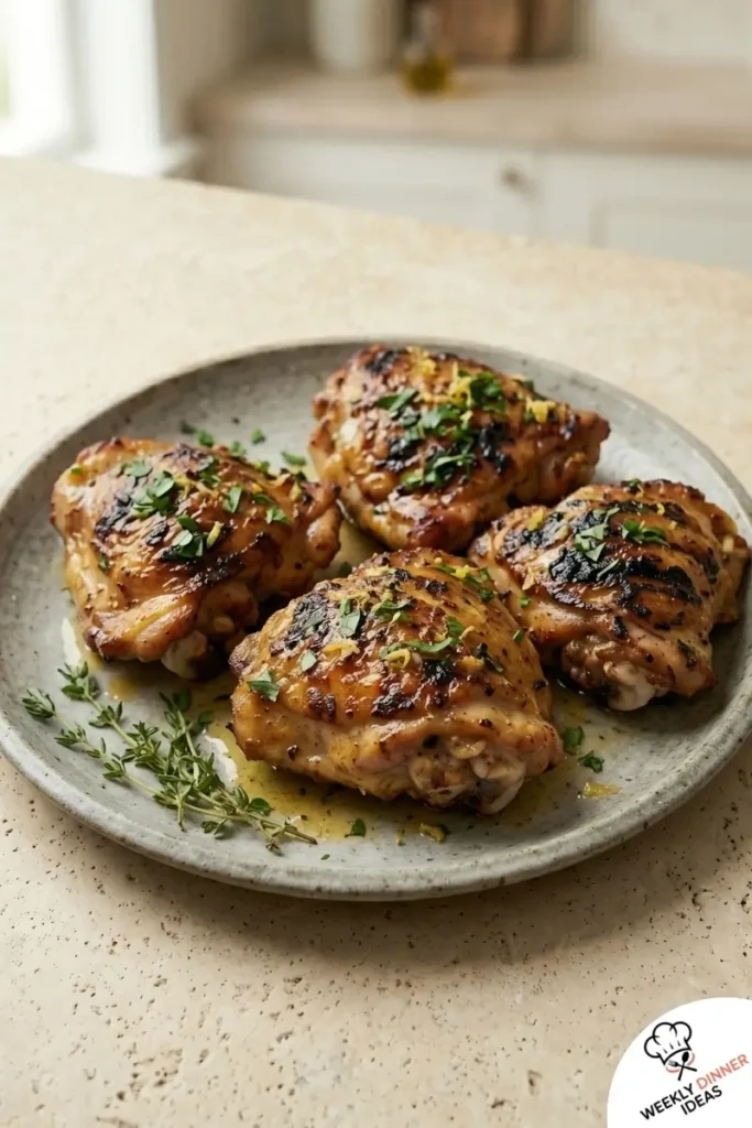 Final plated Grilled Chicken Thighs with smoky char, crispy skin, and fresh herb finish